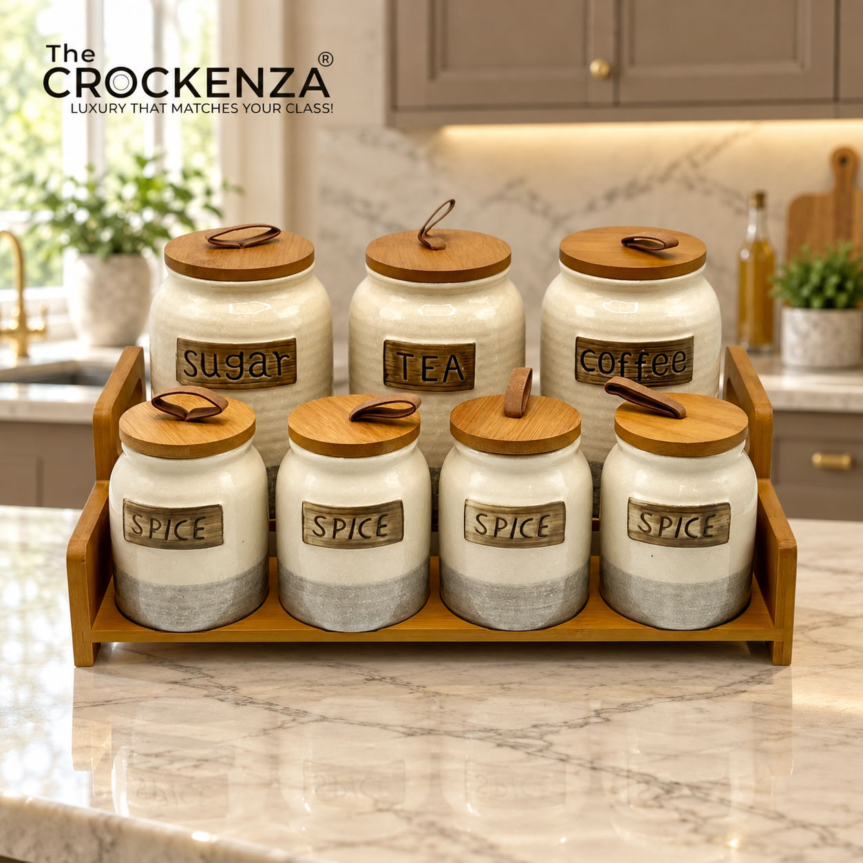 7-Piece Ceramic Airtight Jar Set with Wooden Lids & Storage Tray