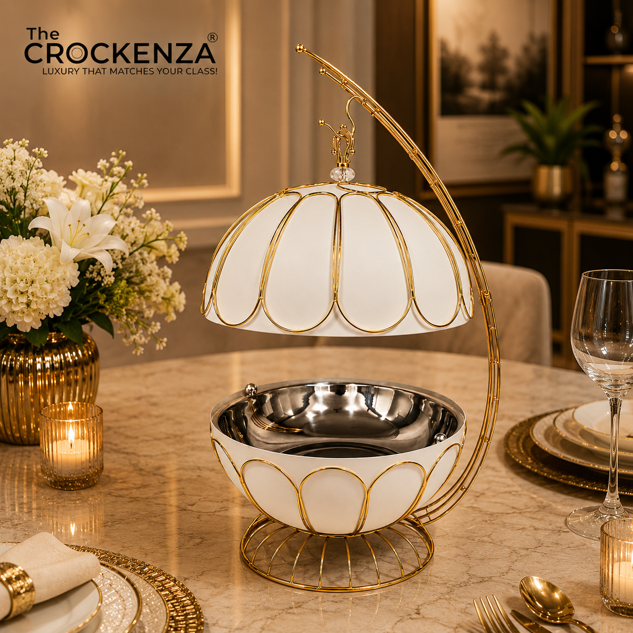 Luxury White & Gold Stainless Steel Buffet Dish with Hanging Lid – Premium Royal Food Warmer & Serving Dish (8L Capacity)