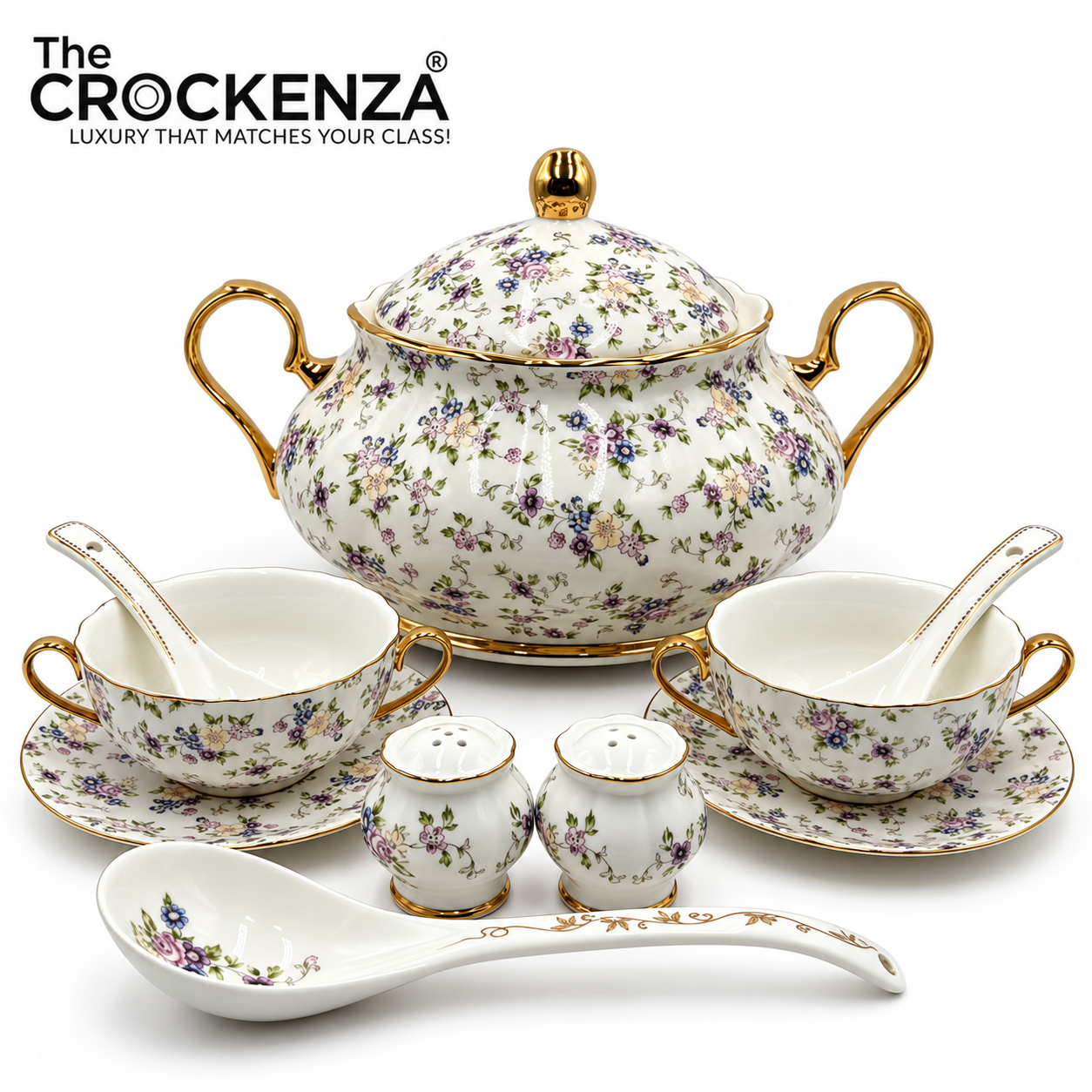 Imported Royal Albert Inspired 23-Piece Floral Soup Set with Gold Trim