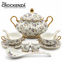 Imported Royal Albert Inspired 23-Piece Floral Soup Set with Gold Trim