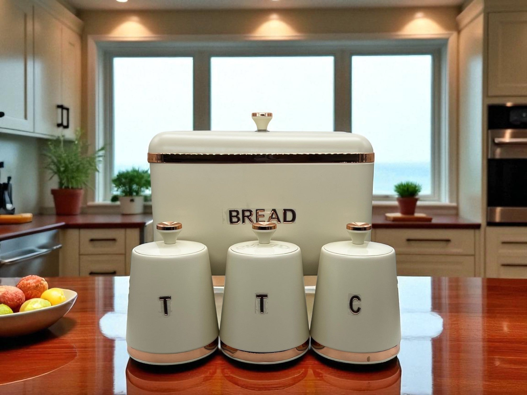 Elegant Bread & Canister Set – 4 Pcs with Rose Gold Trim