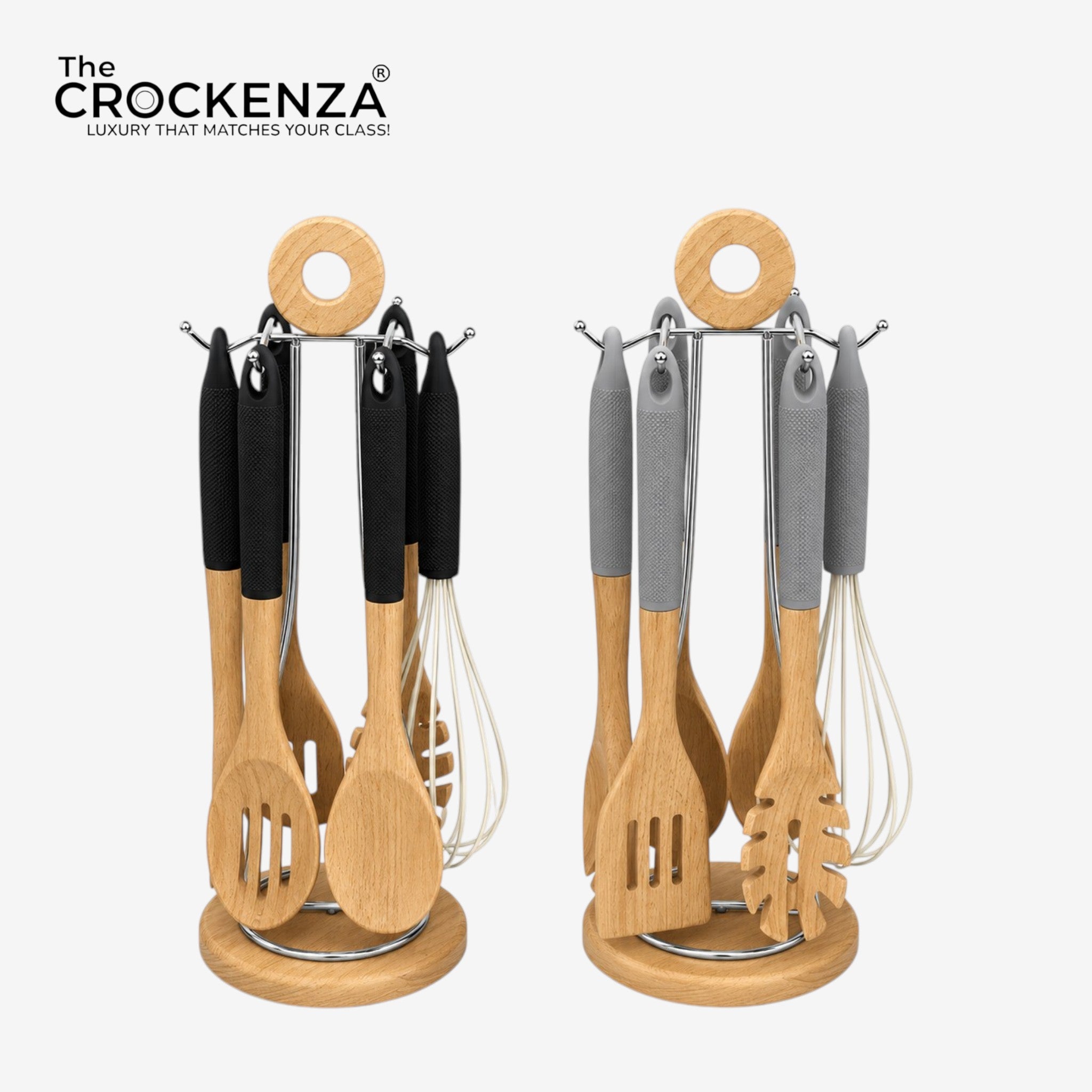 Premium Wooden Kitchen Utensil Set with Silicone Handles & Rotating Stand – 7 Piece Cooking Tool Set