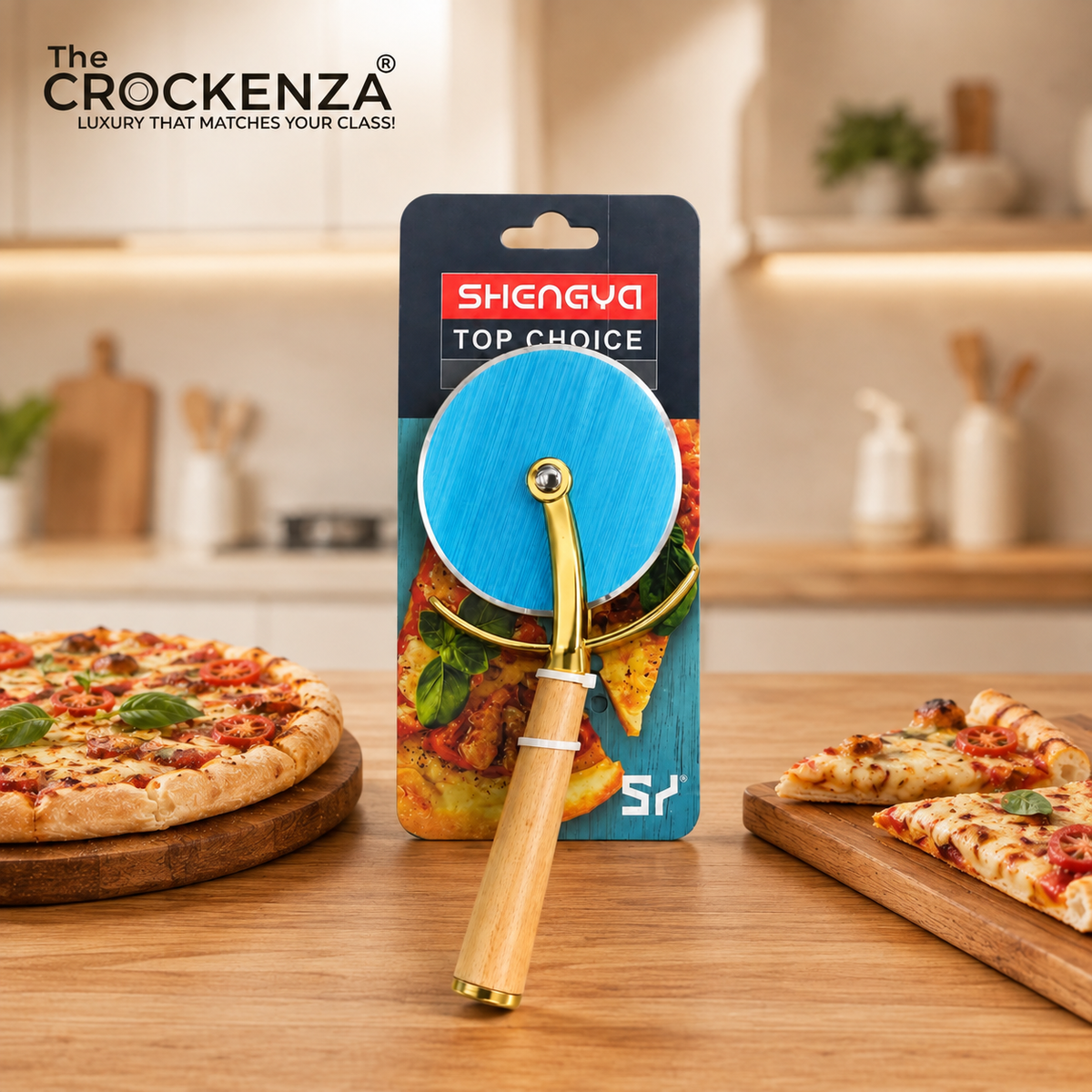 Premium Golden Pizza Cutter with Wooden Handle – Sharp Stainless Steel Pizza Wheel Slicer