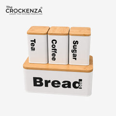 Premium Bread Box with Tea, Coffee & Sugar Canister Set – Bamboo Lid Kitchen Storage Set