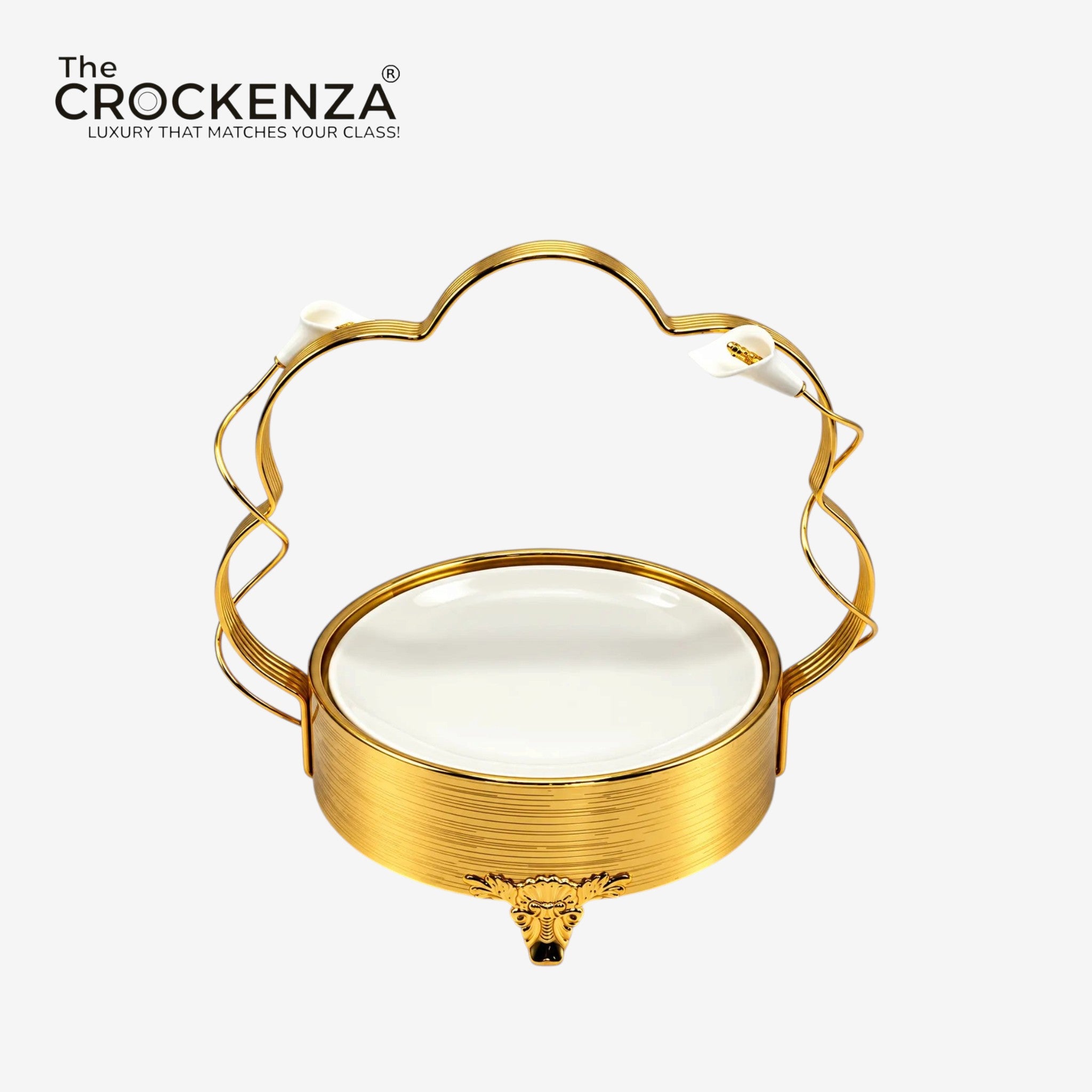 Imported Luxury Gold & White Ceramic Serving Platter with Decorative Stand – Large Size