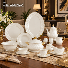 75-Piece Luxury Imperial Thailand inspired Porcelain Dinner Set – Ivory White Tableware with Gold Filigree Accent Handles