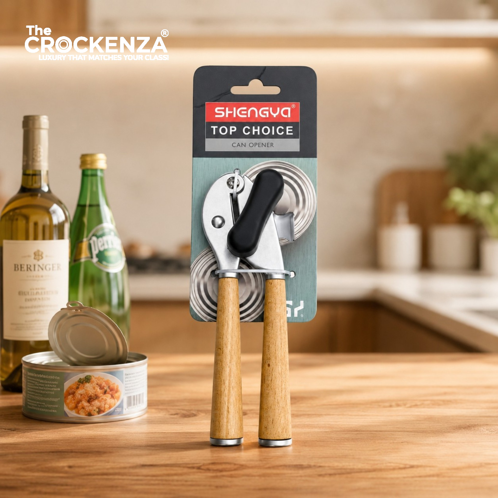 Premium Silver Can Opener with Wooden Handles – Heavy Duty Manual Tin & Bottle Opener