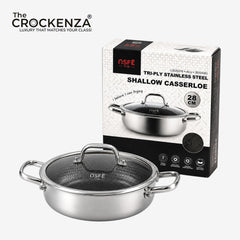 OSFE 28cm Tri-Ply Stainless Steel Shallow Casserole with Glass Lid – Premium Cooking Pot