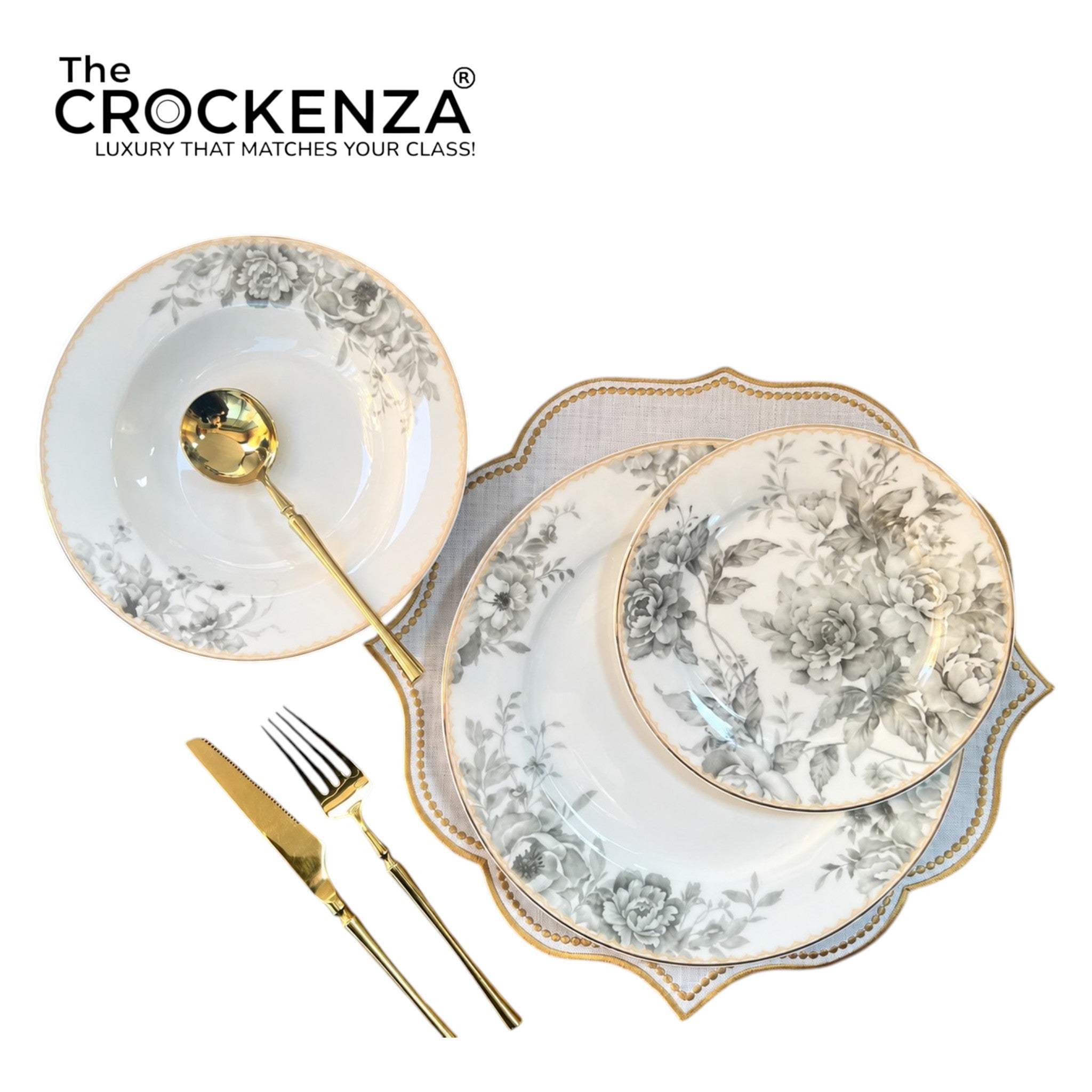 Vintage Grey Rose Johnson Bros inspired 18-Piece Plate Set | Premium Bone China with Gold Accents