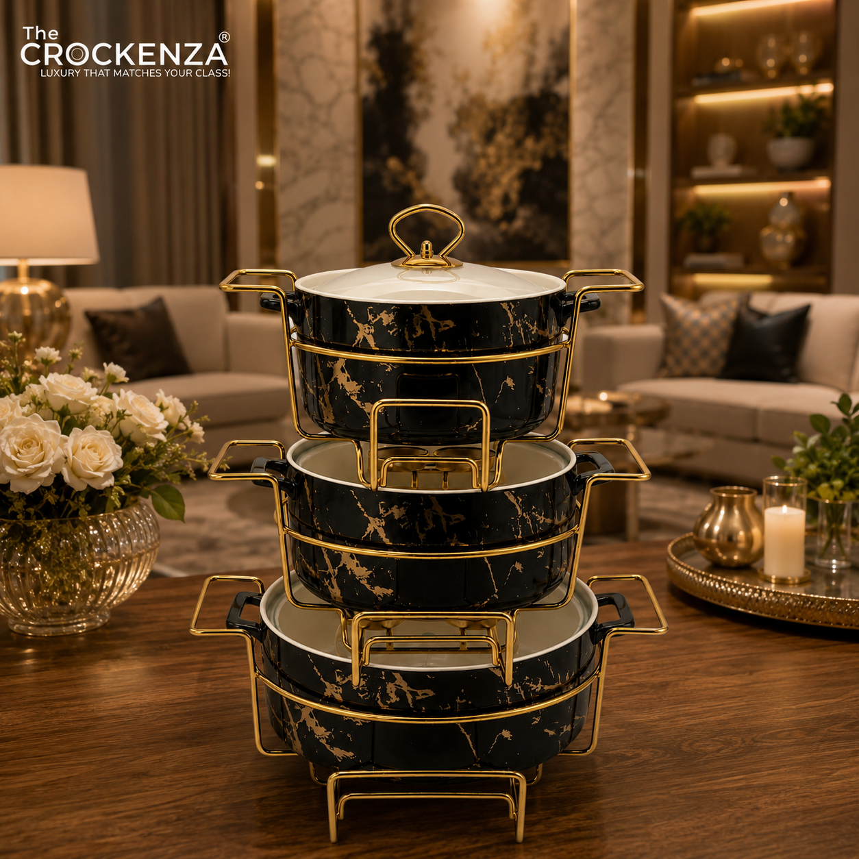 Royal Black Marble Chafing Dish Set with Gold Metal Racks – 3-Piece Buffet Server Set