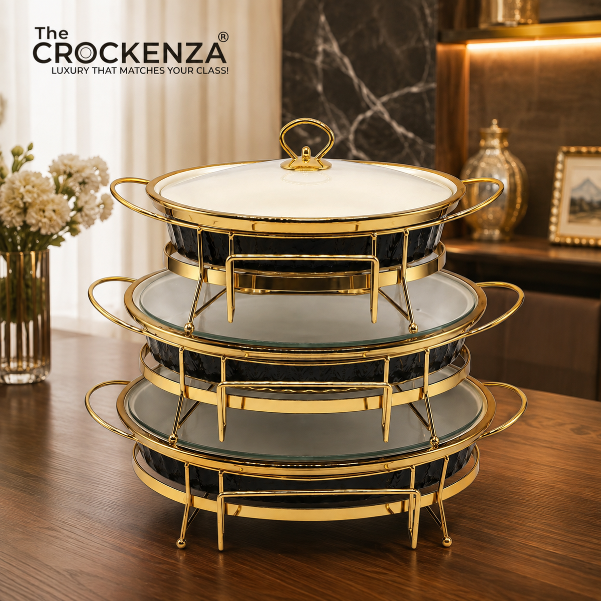 Modern Luxe Black & Gold Oval Food Warmer Set – 3-Piece textured Buffet Servers