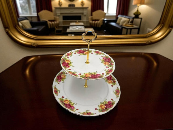 Royal Albert-Inspired 2-Tier Bone China Pastry Stand – Elegant Floral Design with Gold Handle