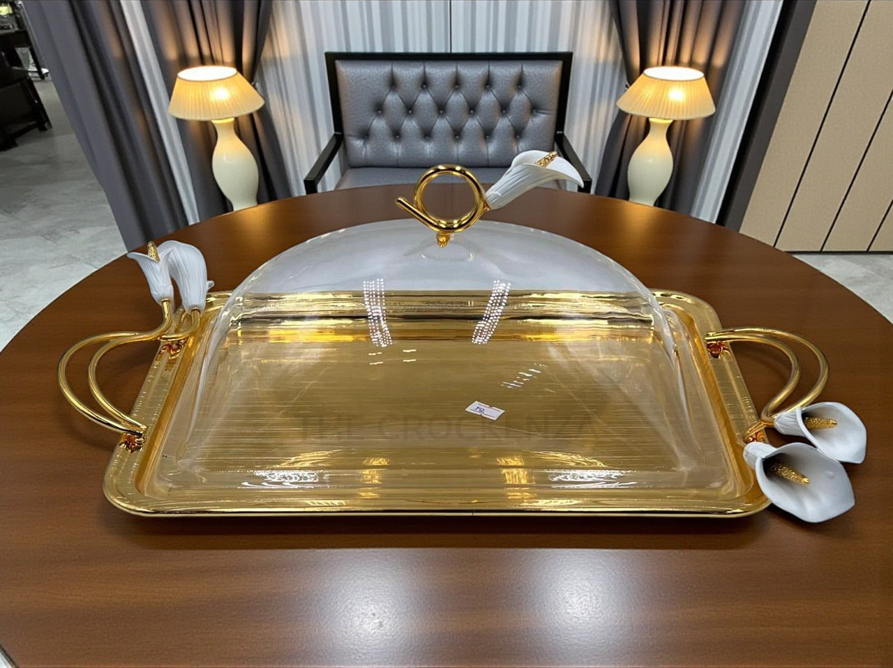 Luxury Golden Platter with Dome Lid | Imported Serving Tray with Floral Handles