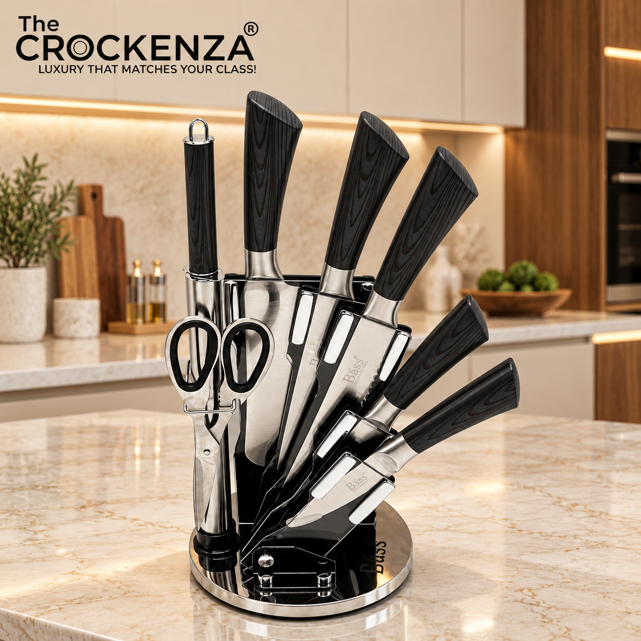 BASS 8-Piece Stainless Steel Kitchen Knife Set with Rotating Stand, Scissors & Sharpener