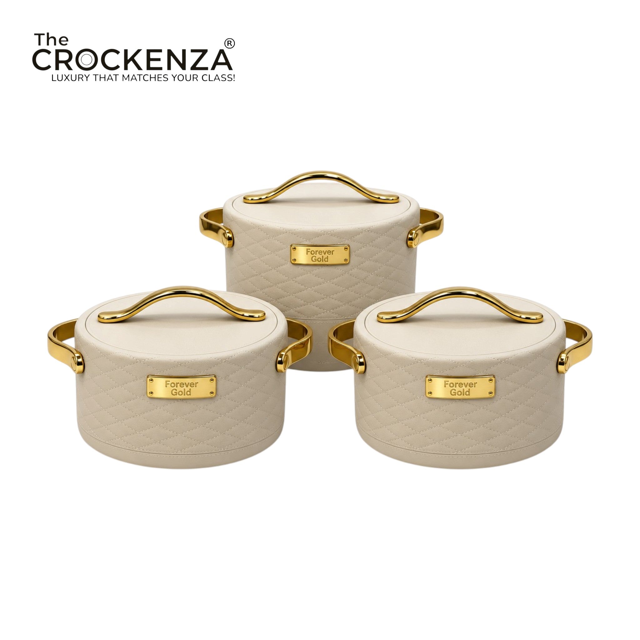 Forever Gold Premium Insulated Hot Pot Casserole Set of 3 – Quilted Leather-Style Beige Food Warmer (1.5L / 2L / 2.5L)