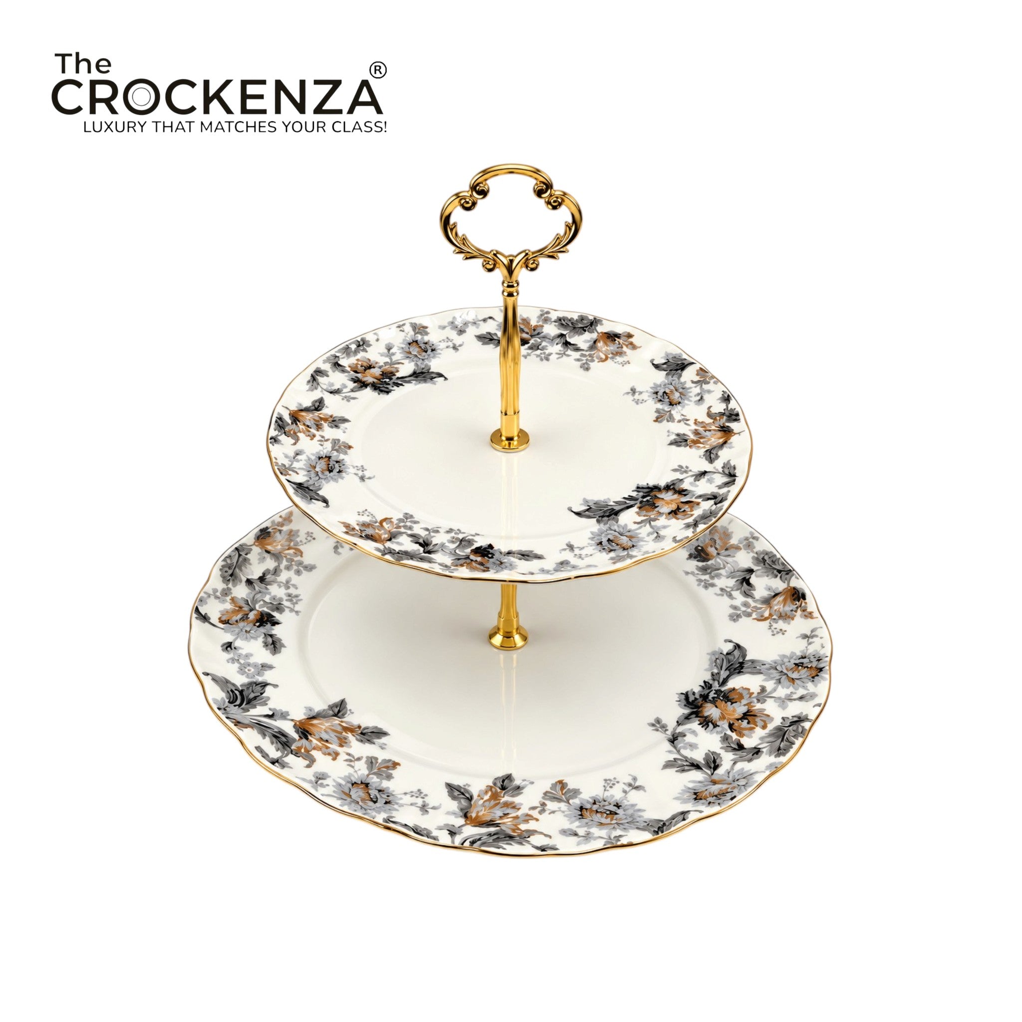 Royal Albert-Inspired 2-Tier Bone China Pastry Stand – Elegant Floral Design with Gold Handle
