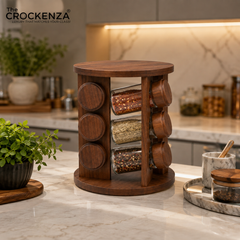 12-Jar Rotating Wooden Spice Rack Tower – Revolving Countertop Spice Organizer Carousel Set with Glass Jars