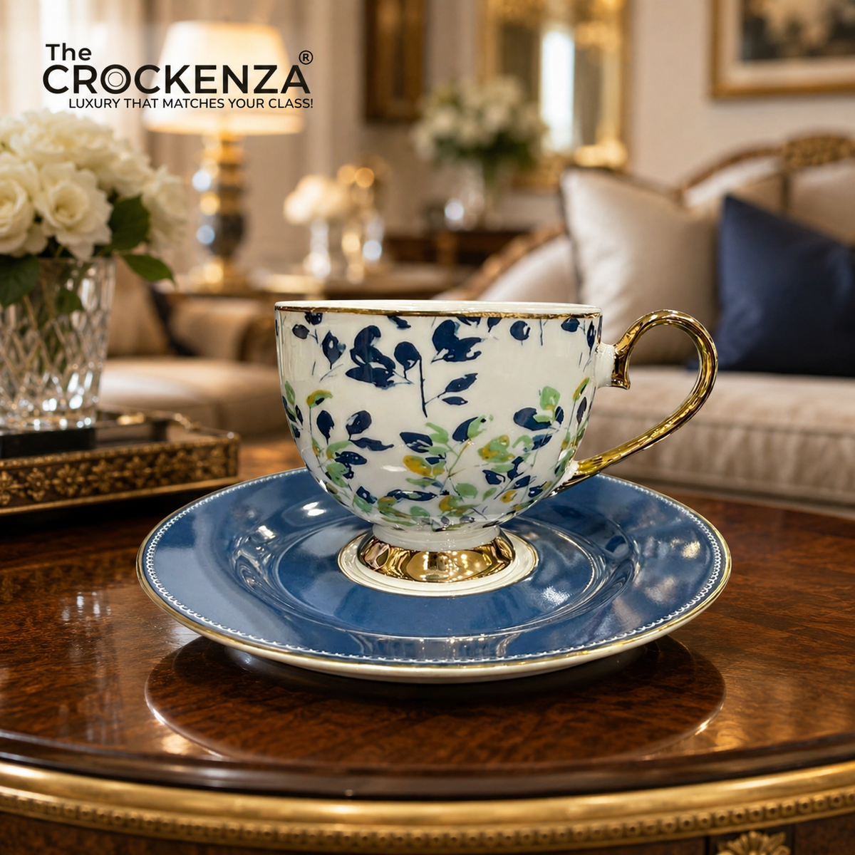 Premium 12-Piece Botanical Cups & Saucers Set — Fresh Blue & Green Leaf Johnson Bros inspired Design