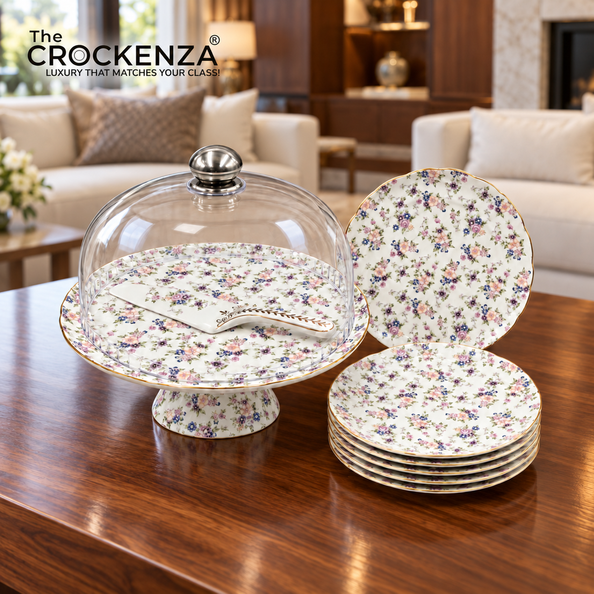 Royal Albert–Inspired 9-Pcs Bone China Cake Set | Floral Elegance Acrylic with Dome