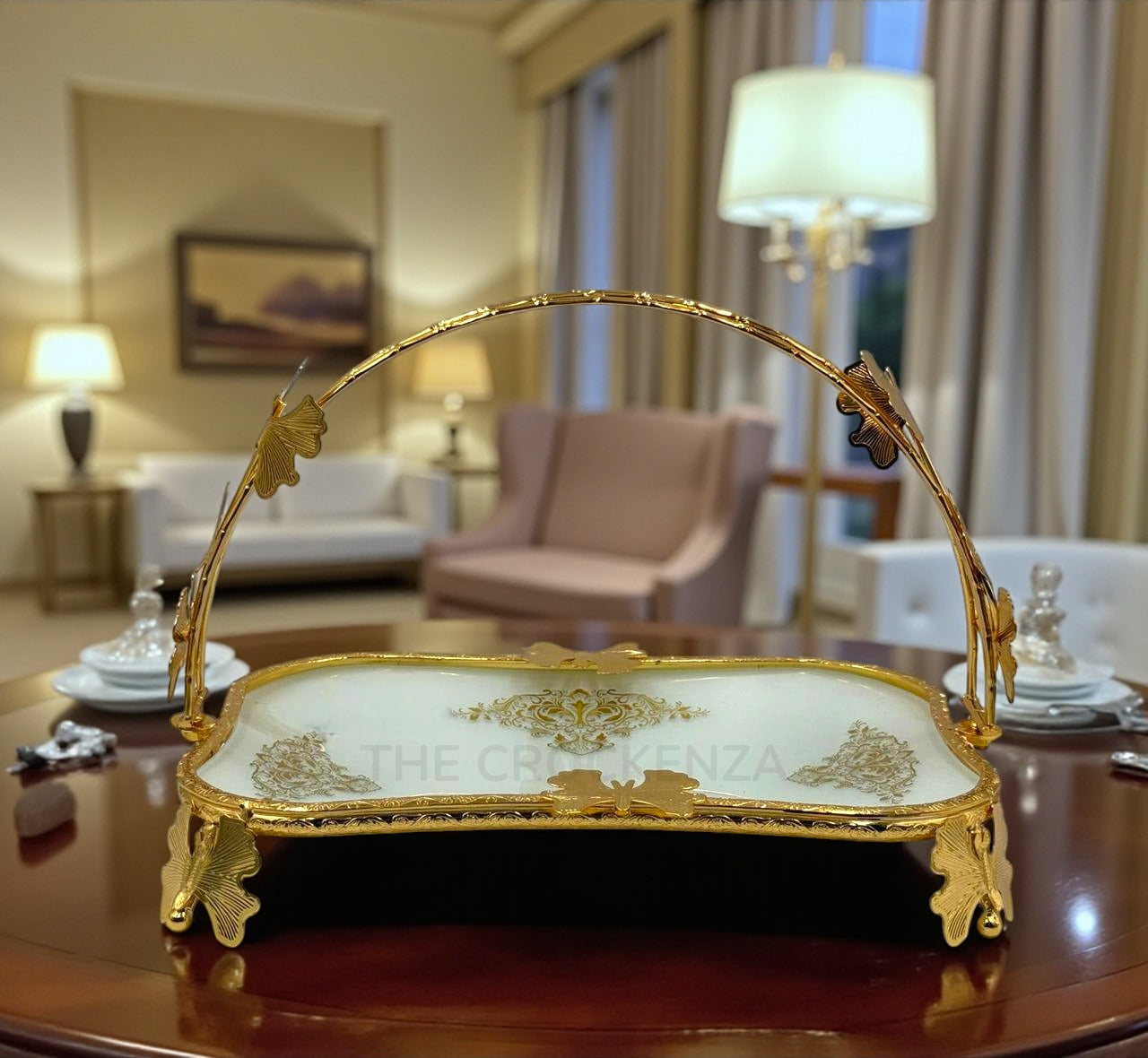 Luxury Rectangular Golden Platter with Handle | Decorative Serving Tray