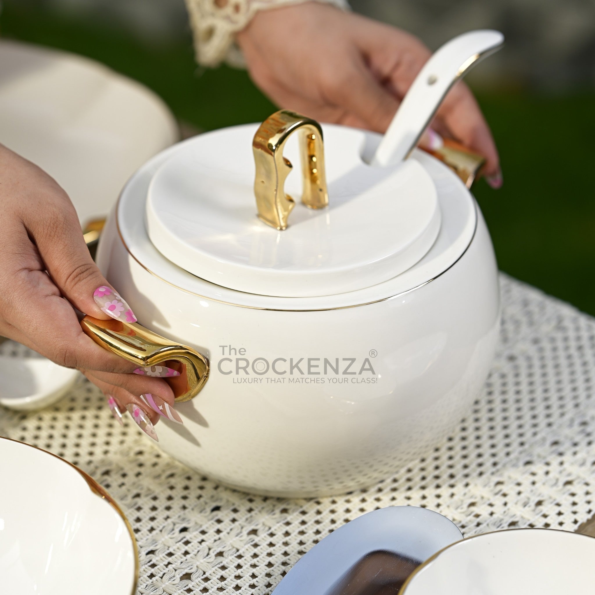 75-Piece Luxury Imperial Thailand inspired Porcelain Dinner Set – Ivory White Tableware with Gold Filigree Accent Handles