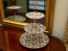 Royal Albert-Inspired 3-Tier Bone China Pastry Stand – Elegant Floral Design with Gold Handle