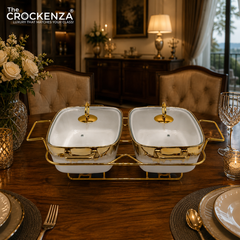 Twin Rectangular Porcelain Serving Dish Set with Gold Stand – 11.5" Double Buffet Server with Handles | Elegant Tabletop Food Warmer & Serving Set