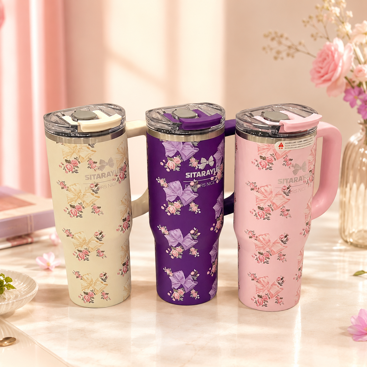 Sitarayuri 900ML Stainless Steel Floral Travel Tumbler with Handle – Leak-Proof Water Bottle
