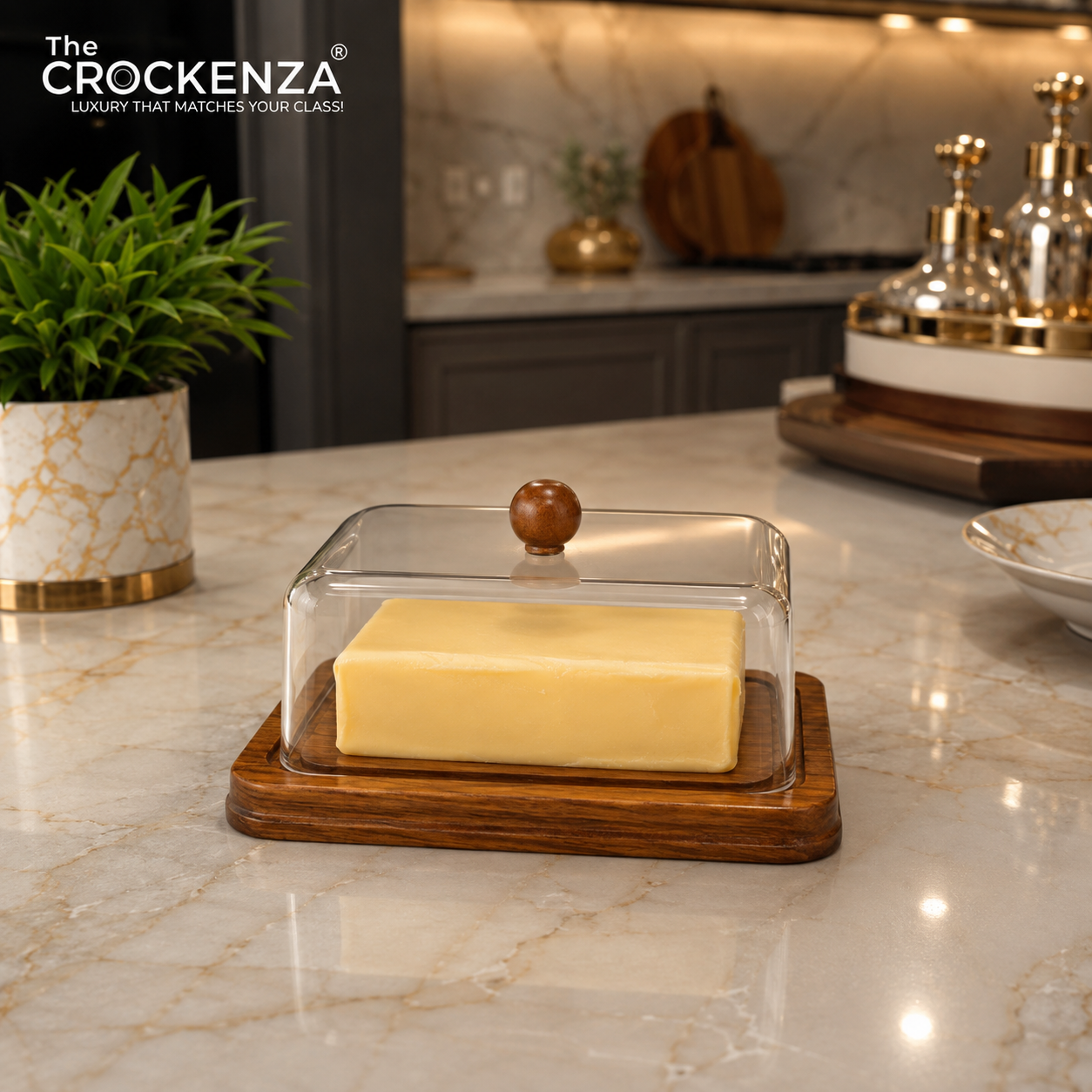 Wooden Butter Dish with Clear Acrylic Cover & Knob – Modern Countertop Butter Keeper Tray with Dome Lid