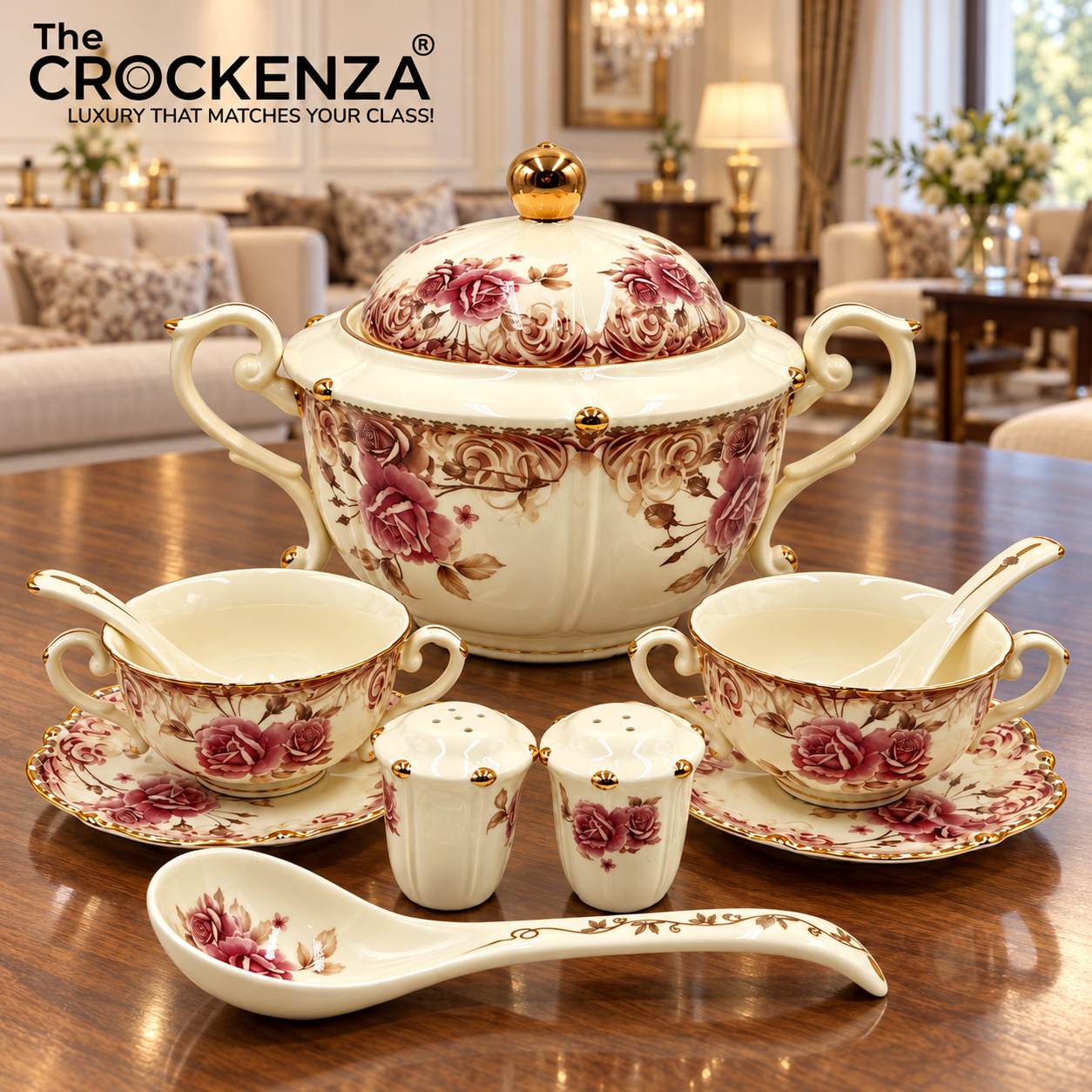 Imported Royal Albert Inspired 23-Piece Floral Soup Set with Gold Trim