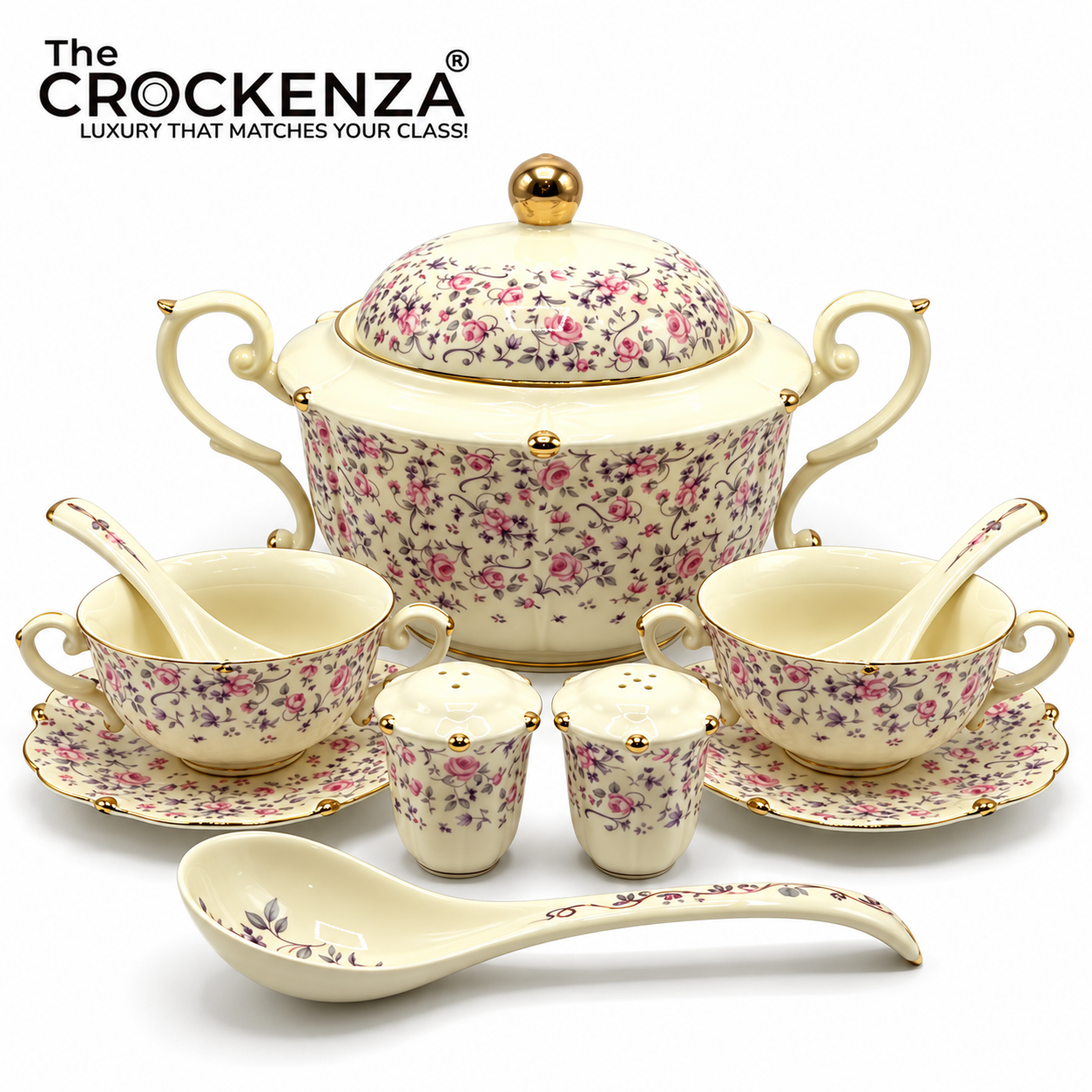 Imported Royal Albert Inspired 23-Piece Floral Soup Set with Gold Trim