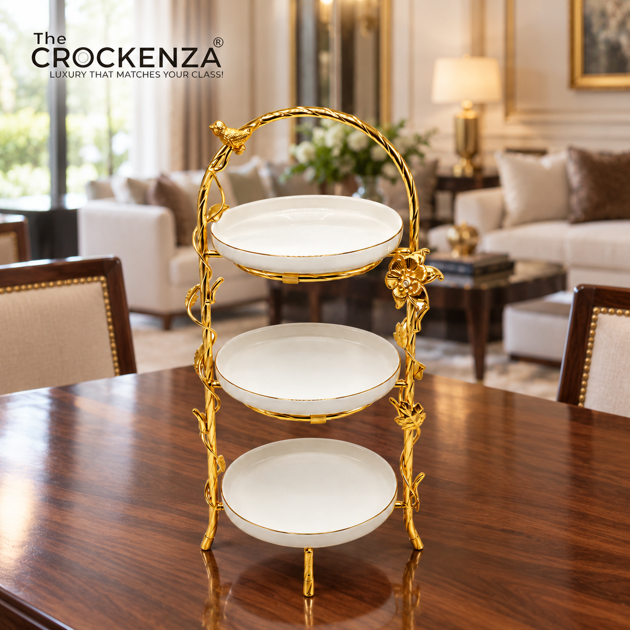 Luxury 3-Tier Pastry Stand with Golden Bird & Floral Accent – Elegant Dessert Serving Stand