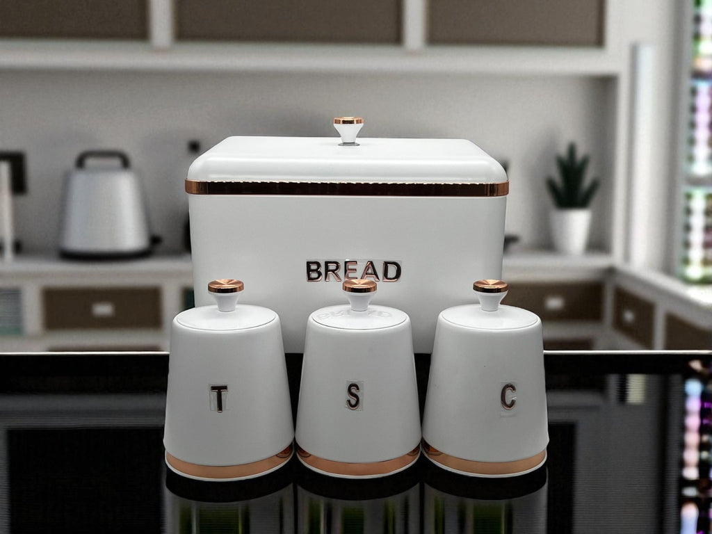 Elegant Bread & Canister Set – 4 Pcs with Rose Gold Trim