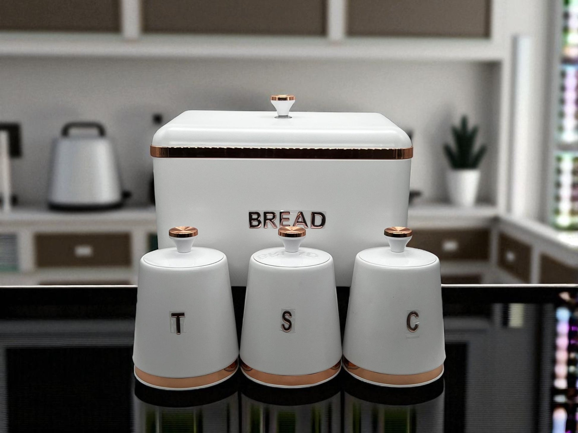 Elegant Bread & Canister Set – 4 Pcs with Rose Gold Trim