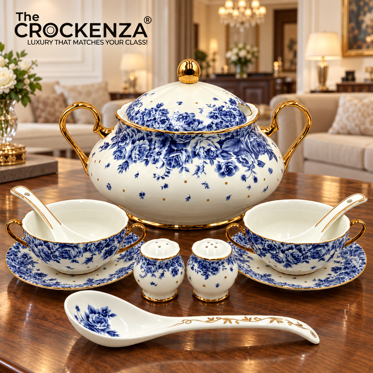 Imported Royal Albert Inspired 23-Piece Floral Soup Set with Gold Trim