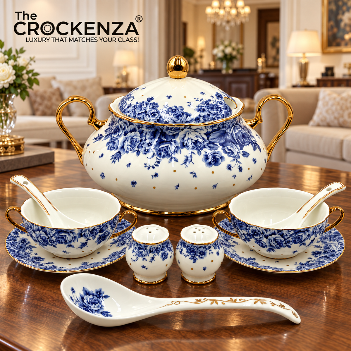 Imported Royal Albert Inspired 23-Piece Floral Soup Set with Gold Trim