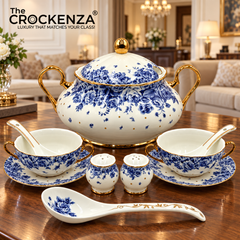 Imported Royal Albert Inspired 23-Piece Floral Soup Set with Gold Trim