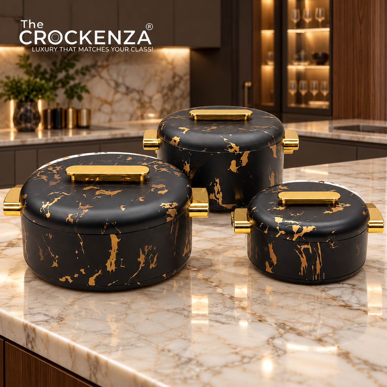 Imported Luxury Collection | Forever Gold 3 Pcs Thermal Hotpot Set | Black Marble Round (1/2/3.5Ltr)