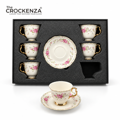 Luxury 12 Pcs Floral Cup & Saucer Set with Gold Handles – Premium Porcelain Tea Cups