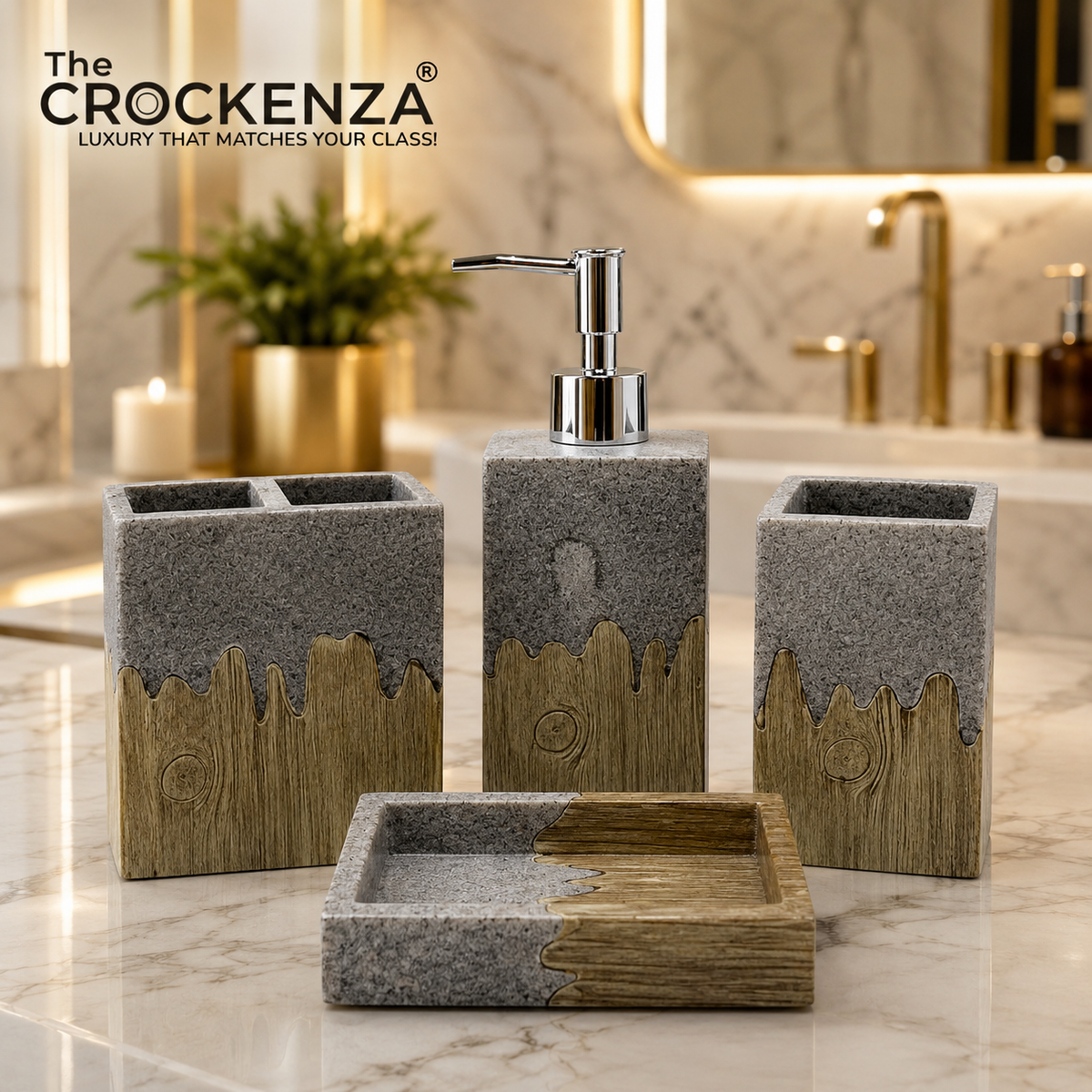 The Crockenza Element 4-Piece Bathroom Set – Modern Stone & Wood Grain Vanity Organizer
