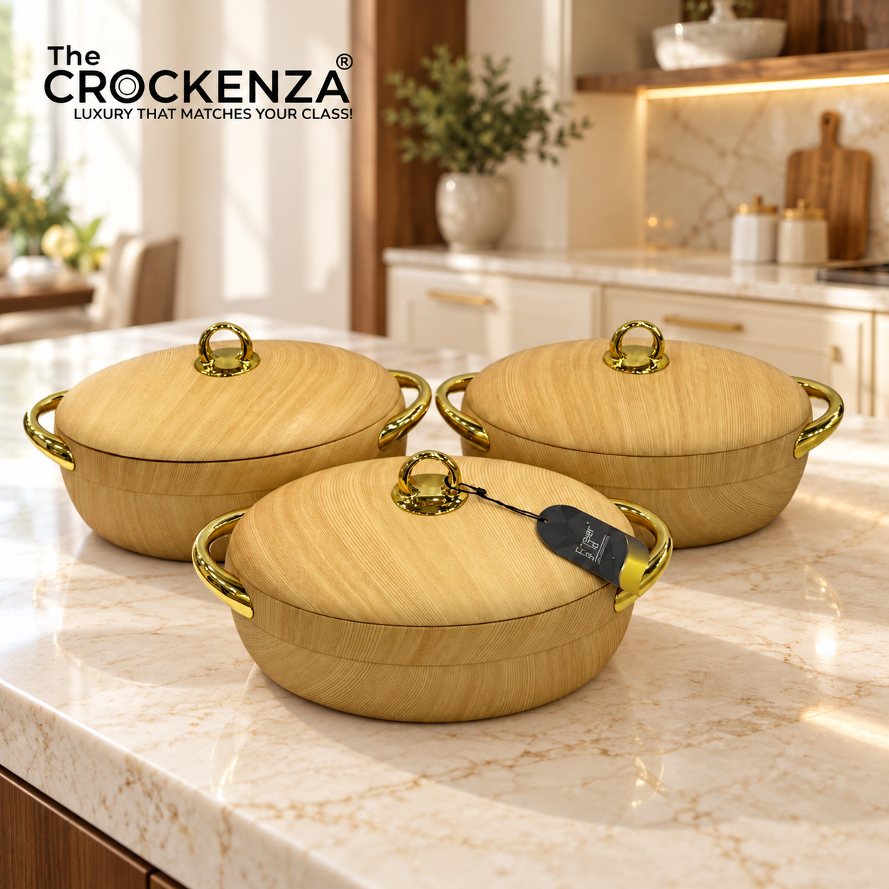 Imported Forever Gold Hot Pot Set – 3 Piece Insulated Casserole Set (2L, 2.5L & 3L) | Luxury Wooden Finish