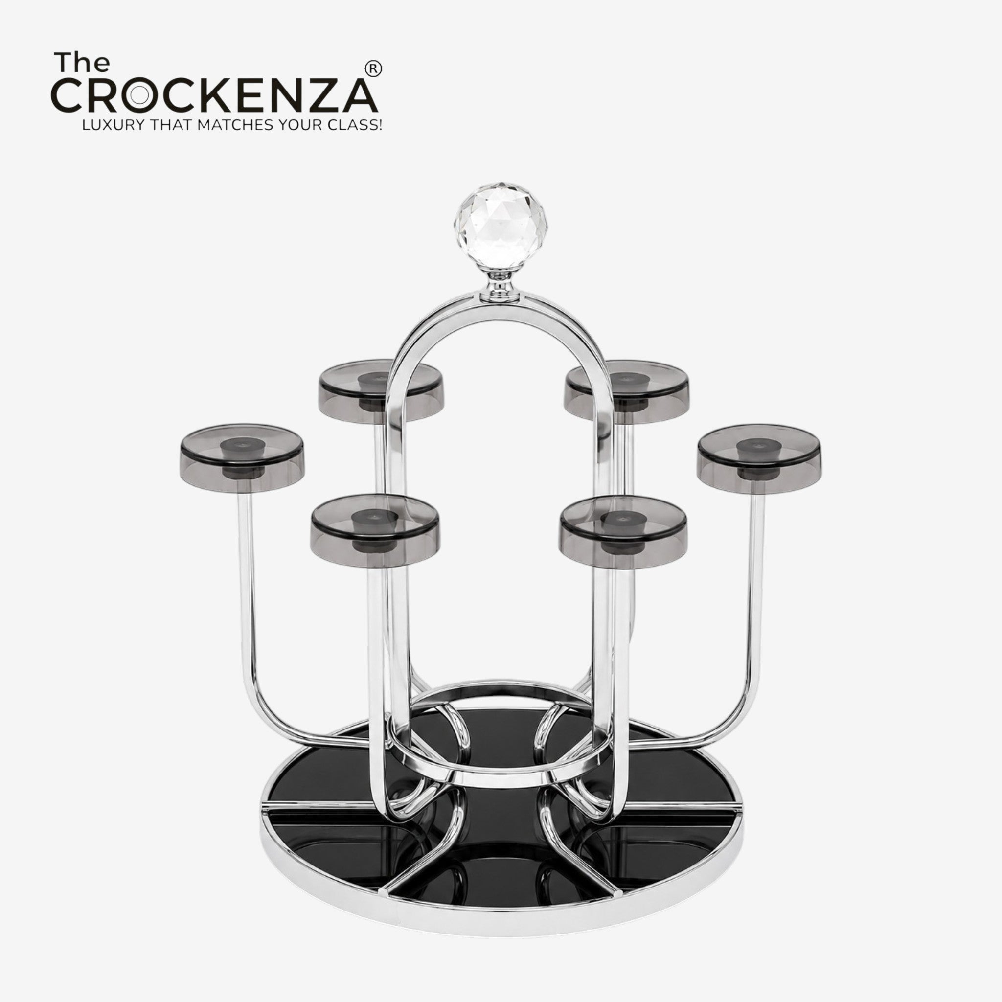 Luxury Rotating Glass Holder Stand with Crystal Handle | Premium 6-Glass Countertop Organizer