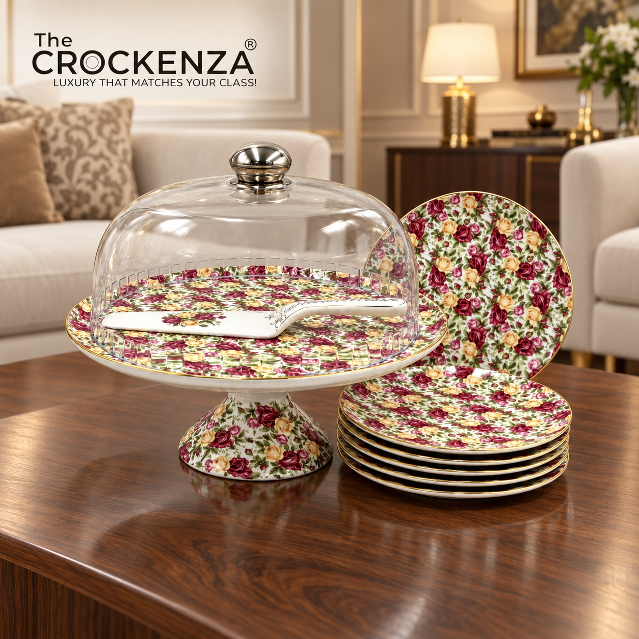 Royal Albert–Inspired 9-Pcs Bone China Cake Set | Floral Elegance with Acrylic Dome