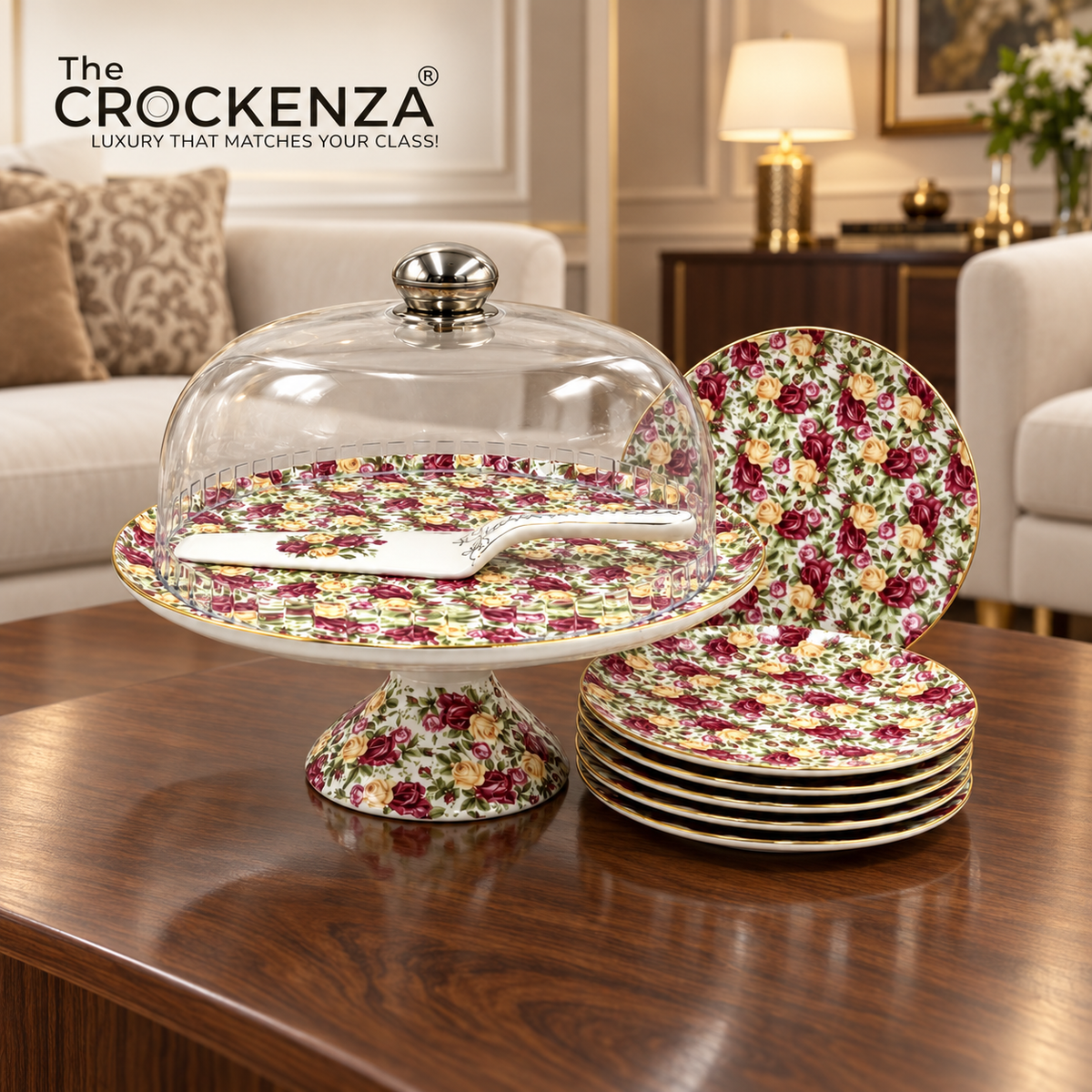 Royal Albert–Inspired 9-Pcs Bone China Cake Set | Floral Elegance with Acrylic Dome