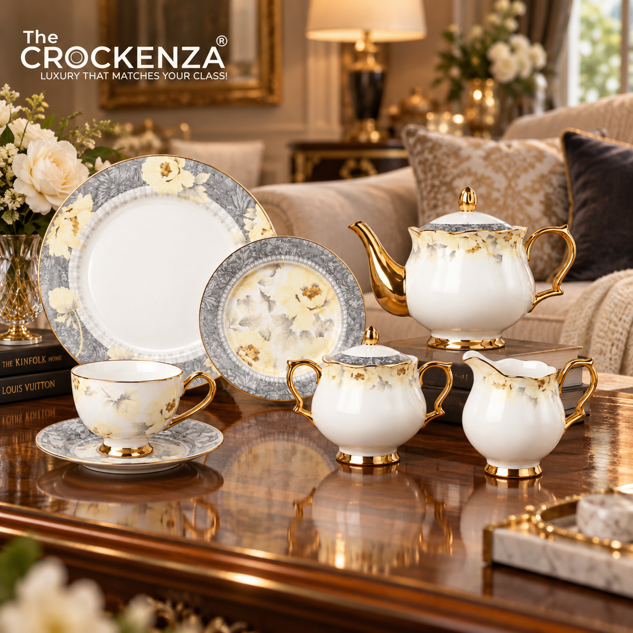 Royal Monarch Yellow Peony Tea Collection – Fine Bone China with 24K Gold Trim