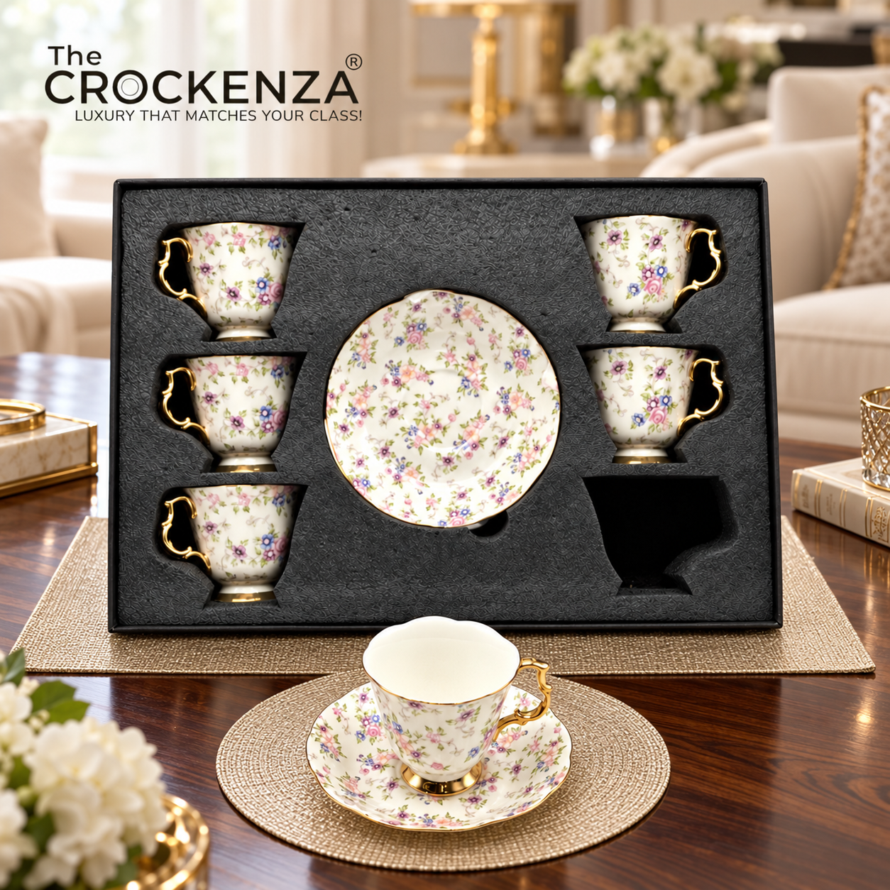 Luxury 12 Pcs Floral Cup & Saucer Set with Gold Handles