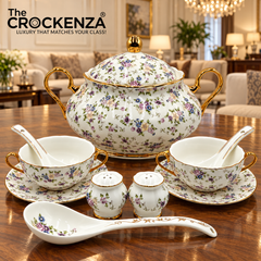 Imported Royal Albert Inspired 23-Piece Floral Soup Set with Gold Trim