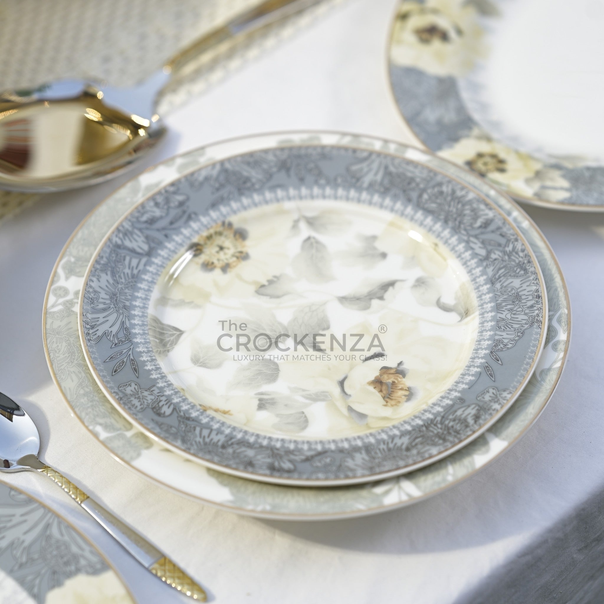 Johnson Bros Inspired Luxury Super Bone China Dinner Set – White, Grey & Gold Floral Design