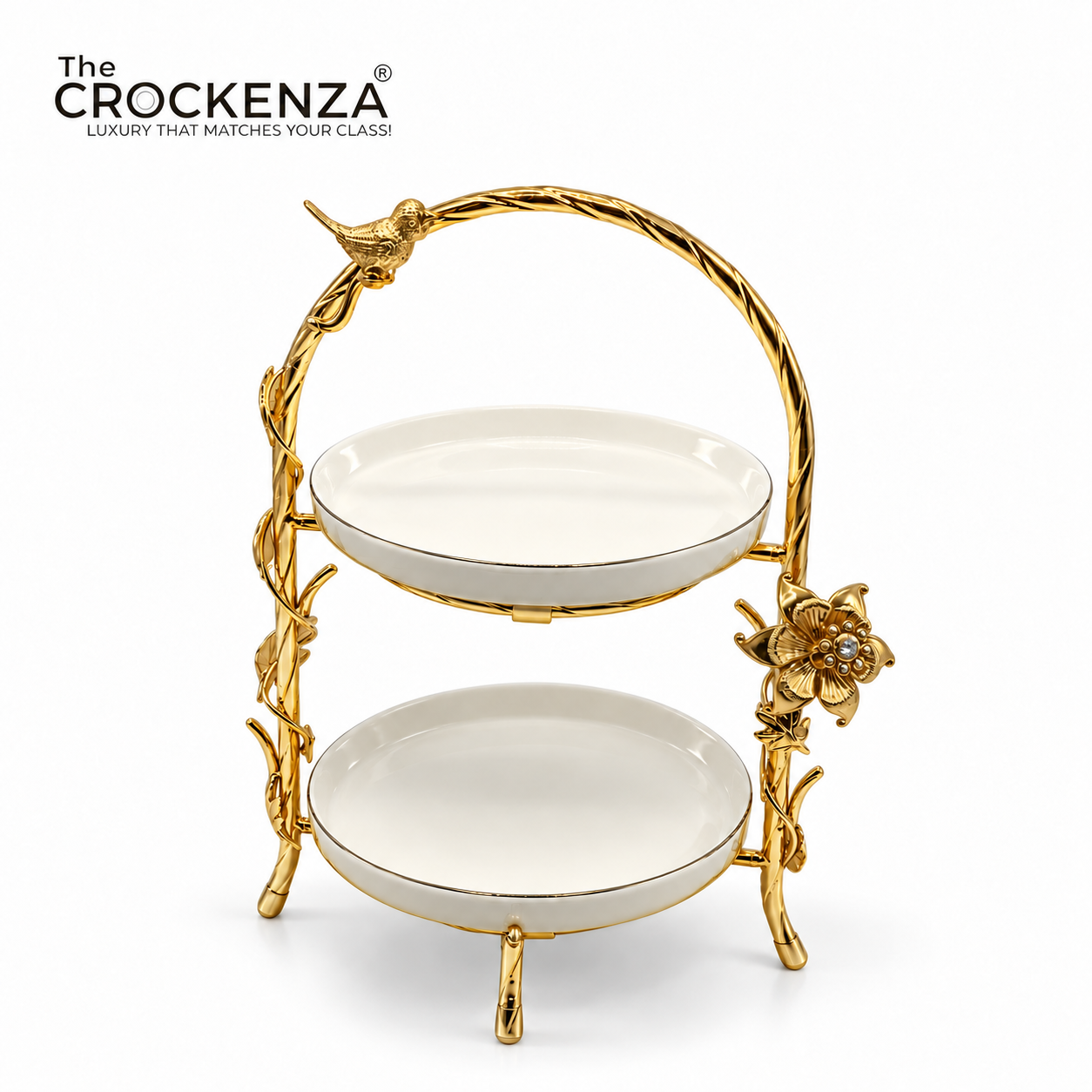 Luxury 2-Tier Pastry Stand with Golden Bird & Floral Accent – Elegant Dessert Serving Stand