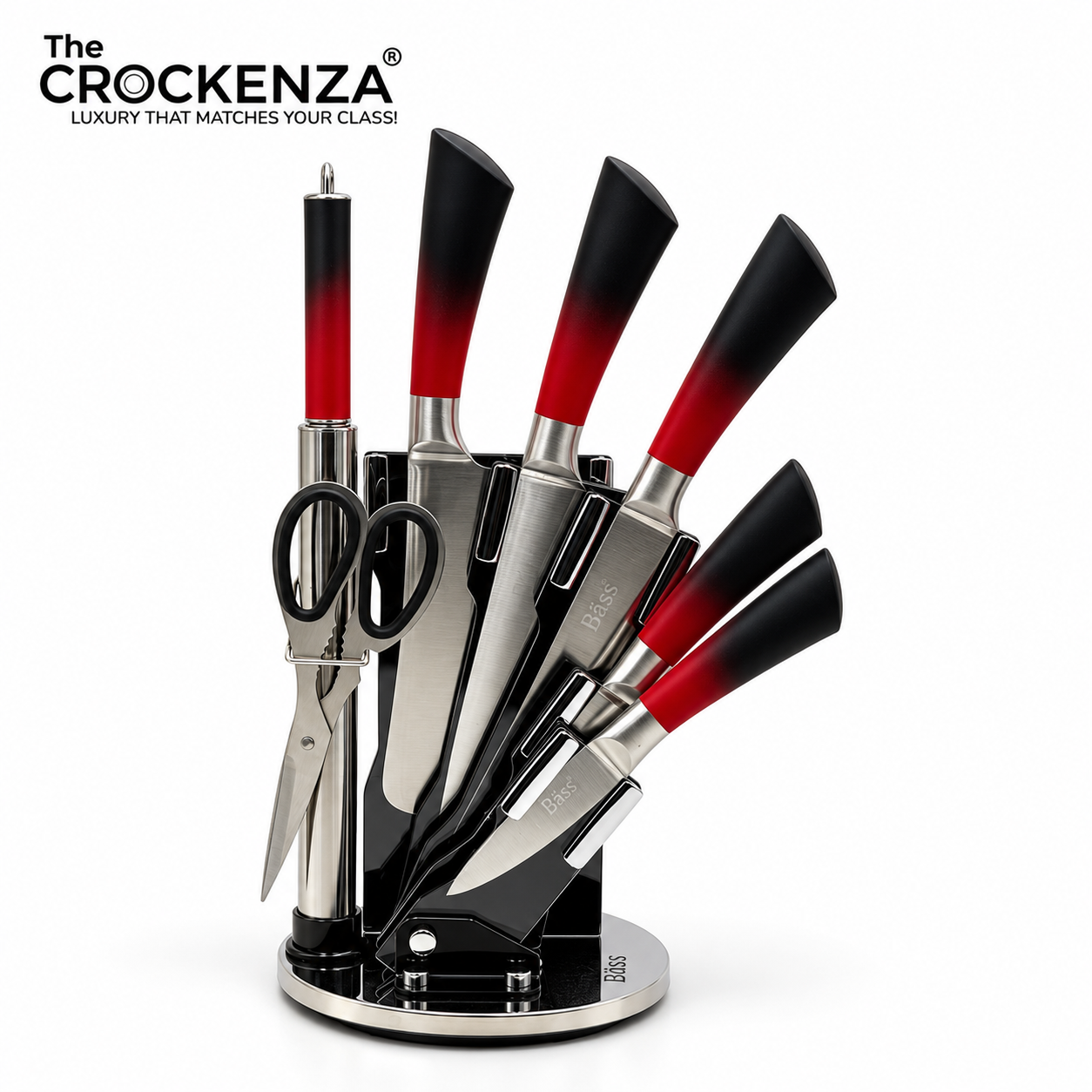 Cut Like a Pro: Imported Bass 8-Piece Elite Stainless Steel Knife Set with 360° Rotating Carousel